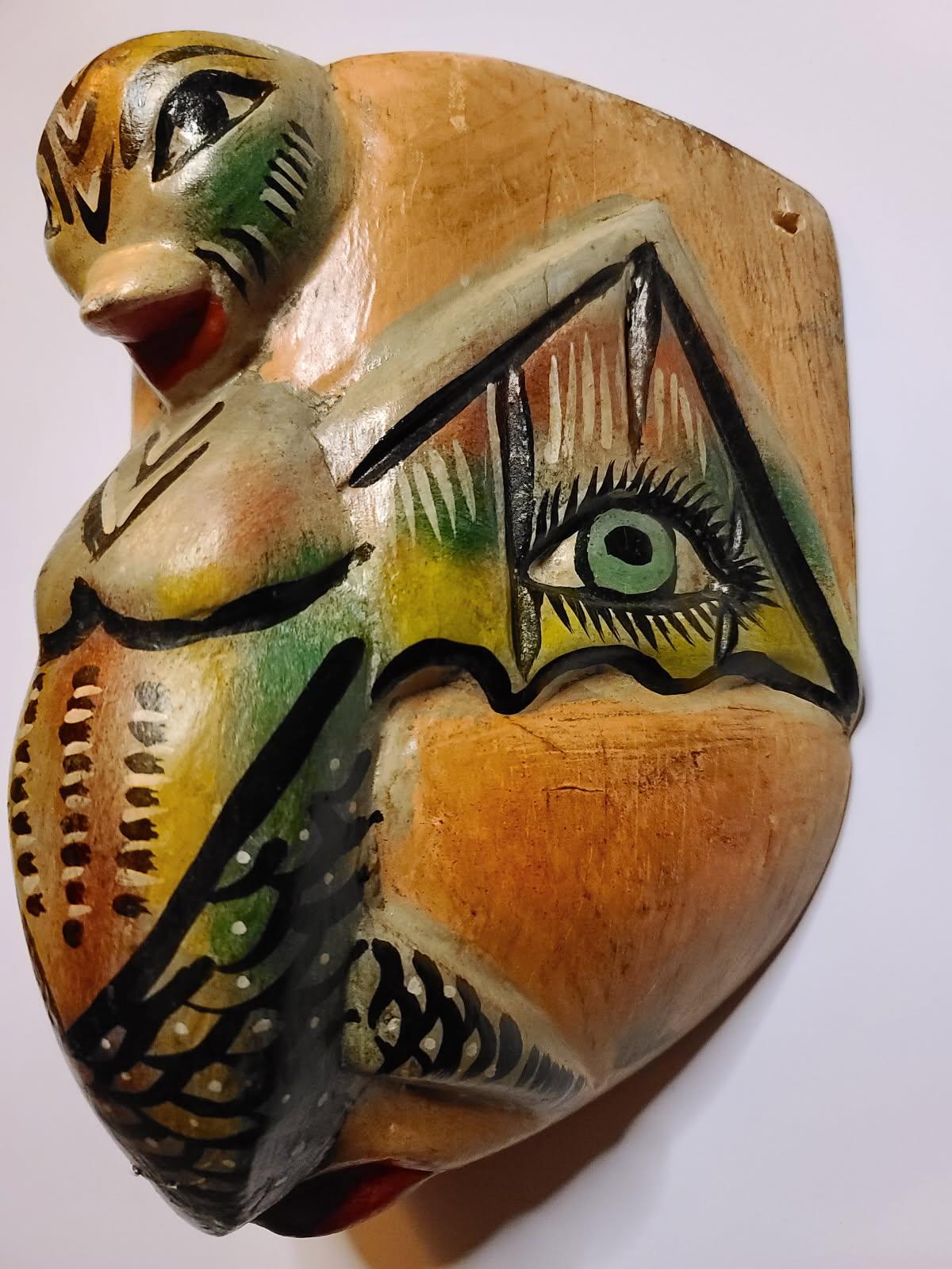 Vintage Mexican Dance Mask Face w/ Bat / Bird Hand Carved Wood