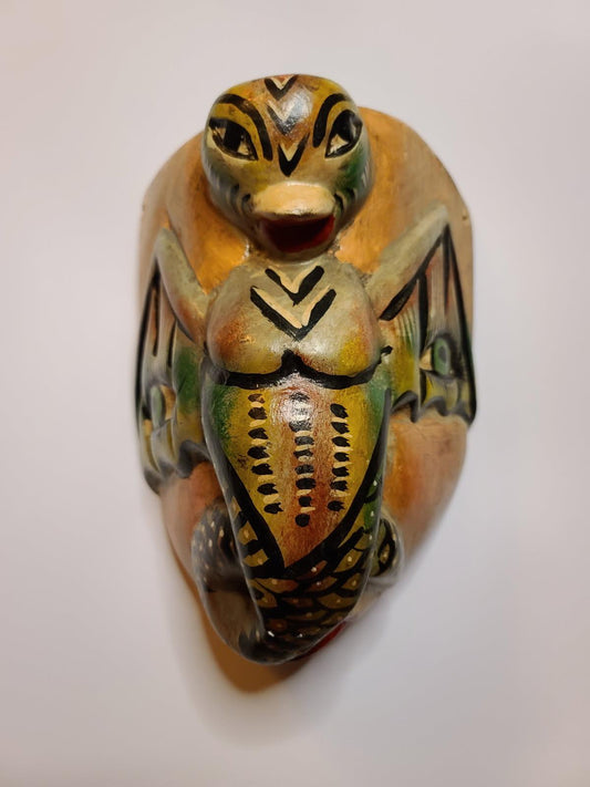Vintage Mexican Dance Mask Face w/ Bat / Bird Hand Carved Wood